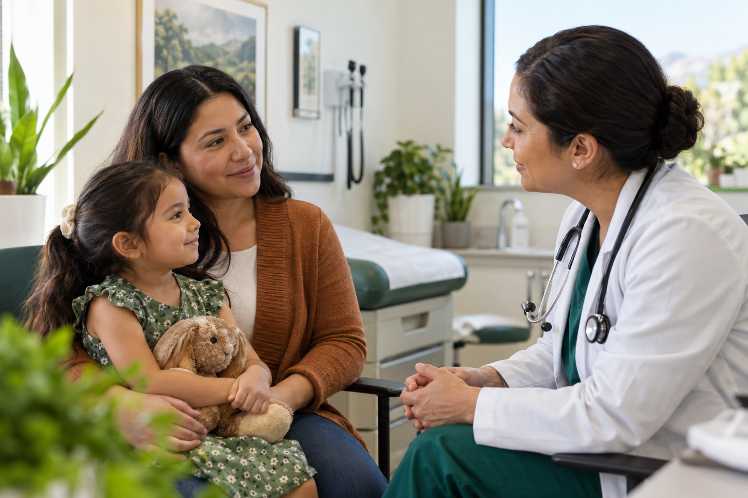 Doctora conversando con una madre y su hija